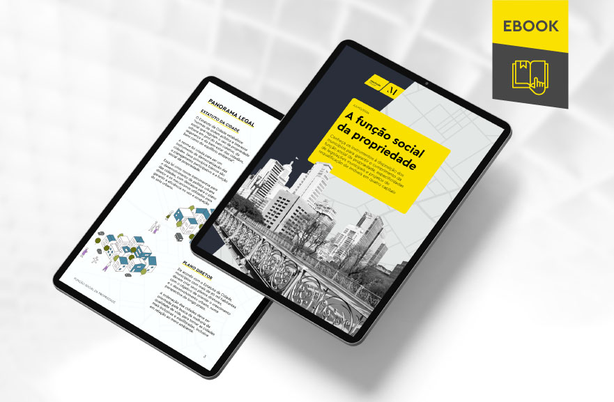 Mockup ilustrativo de dois tablets, um acima do outro, com imagens do conteúdo interno do e-book. No canto superior direito, faixa descritiva nas cores amarelo e cinza, com o nome "e-book" escrito.