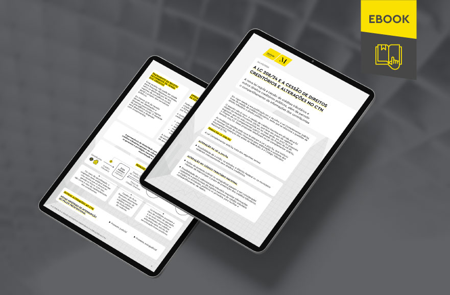 Mockup ilustrativo de dois tablets, um acima do outro, com imagens do conteúdo interno do e-book. No canto superior direito, faixa descritiva nas cores amarelo e cinza, com o nome "e-book" escrito