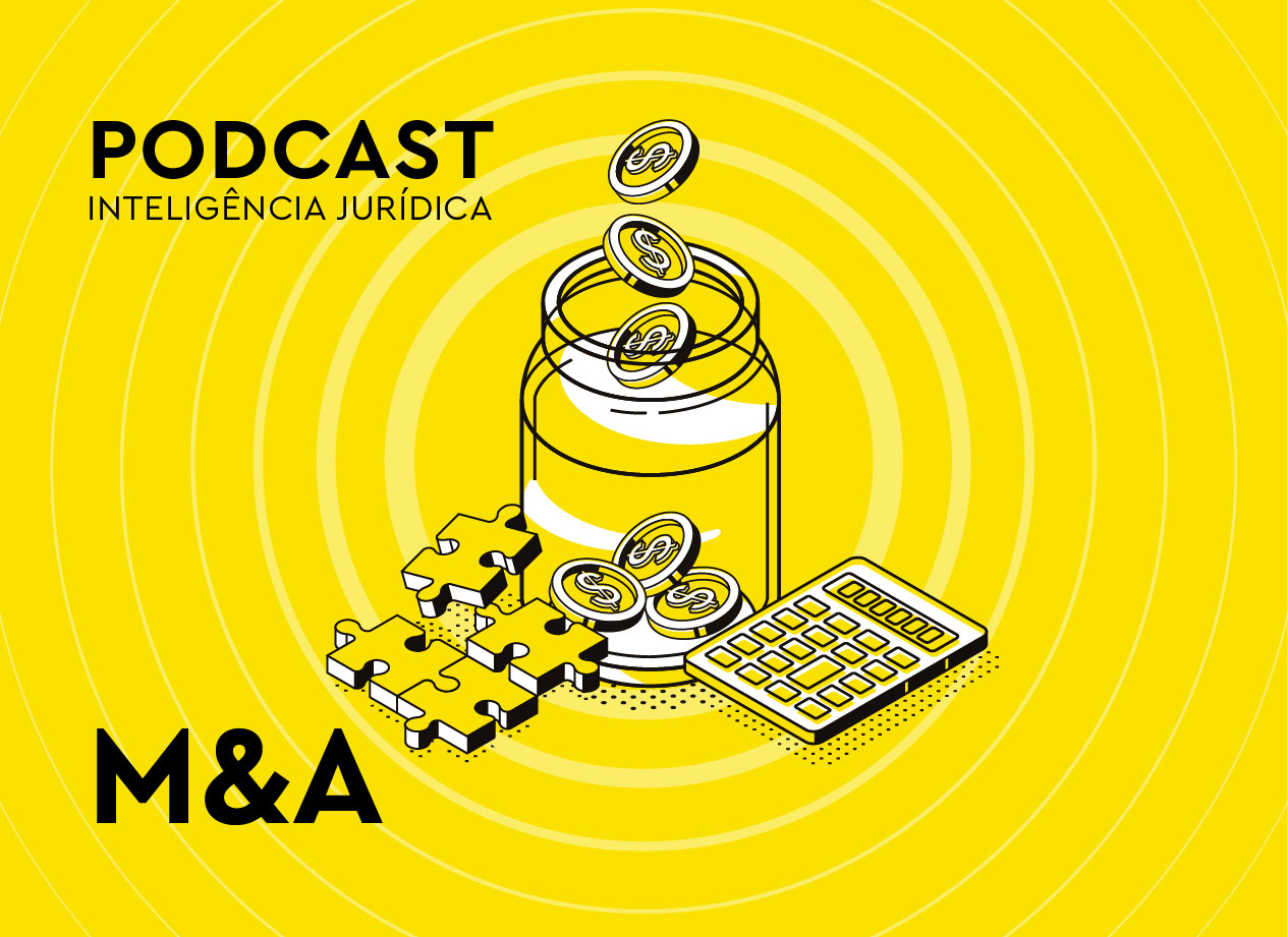 Ilustração de recipiente de vidro com moedas dentro. Ao lado, peças de um quebra-cabeça e uma calculadora. No canto inferior esquerdo, os dizeres: "M&A"