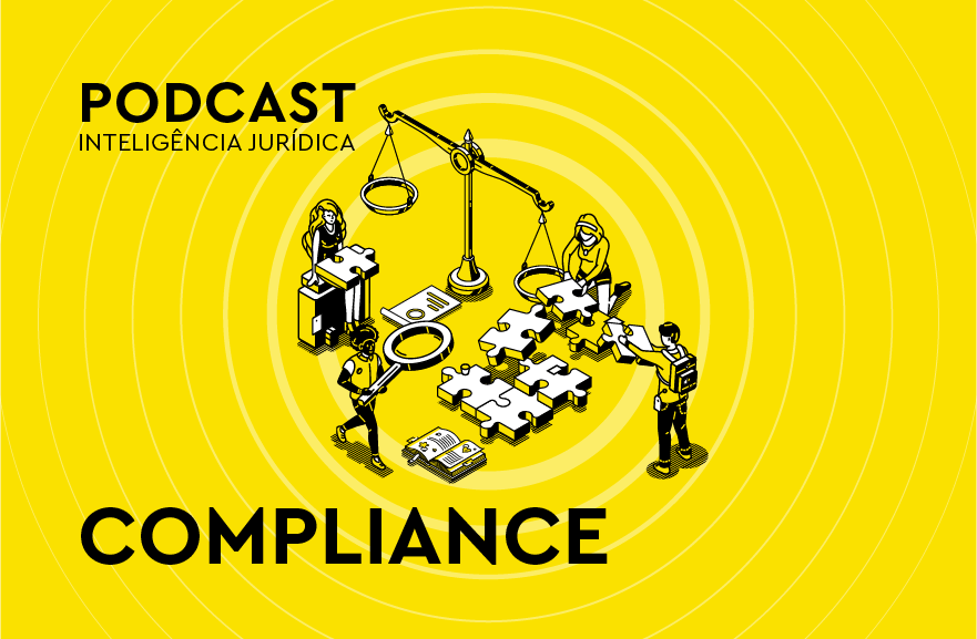 Ilustração de balança da justiça, ao lado de várias peças de quebra-cabeça e pessoas. Na parte inferior, texto com os dizeres: "Compliance"