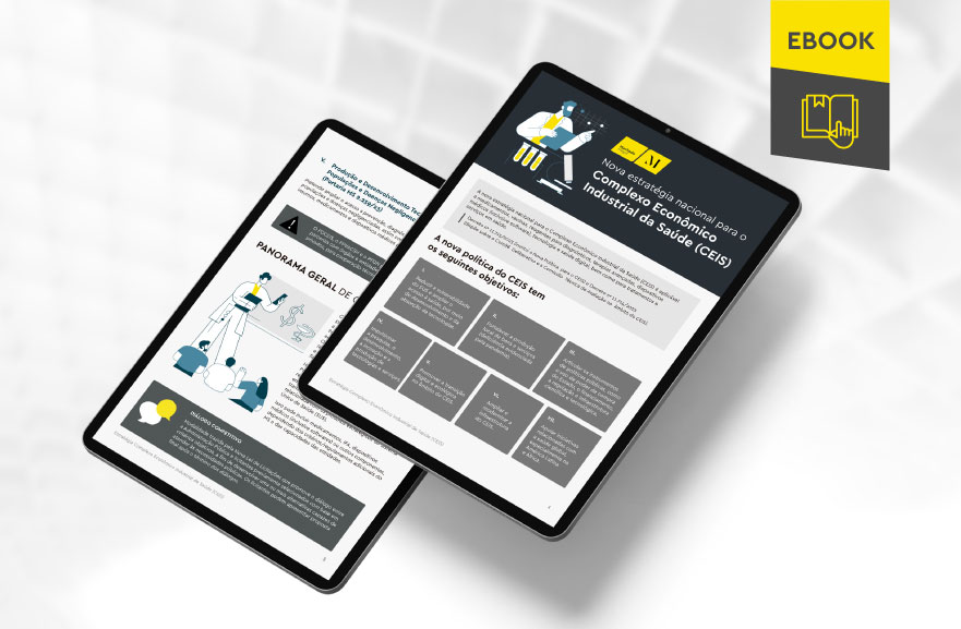 Mockup ilustrativo de dois tablets, um acima do outro, com imagens do conteúdo interno do e-book. No canto superior direito, faixa descritiva nas cores amarelo e cinza, com o nome "e-book" escrito