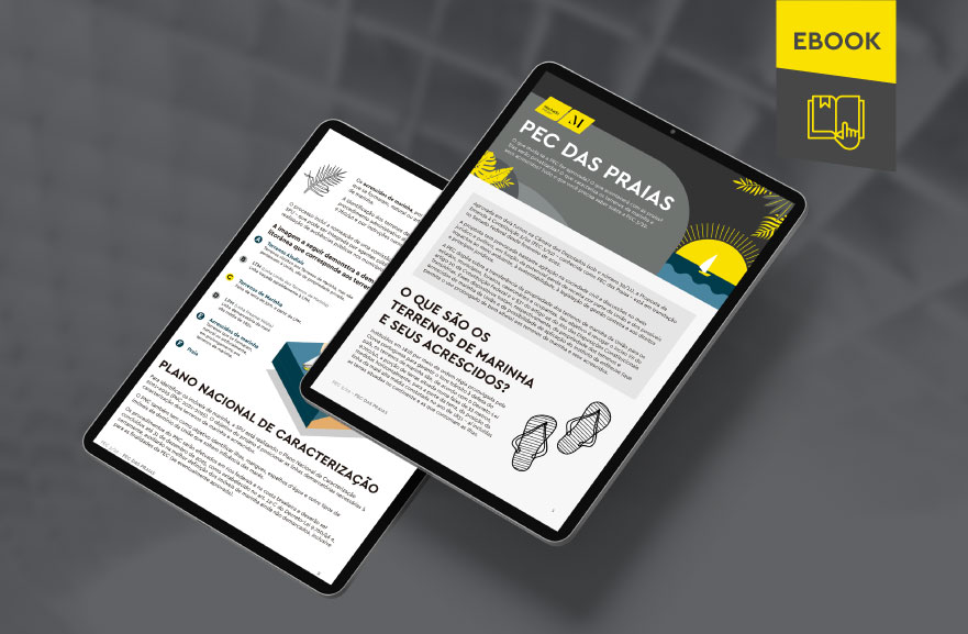 Mockup ilustrativo de dois tablets, um acima do outro, com imagens do conteúdo interno do e-book. No canto superior direito, faixa descritiva nas cores amarelo e cinza, com o nome "e-book" escrito
