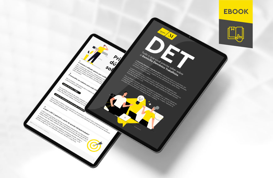 Mockup ilustrativo de dois tablets, um acima do outro, com imagens do conteúdo interno do e-book. No canto superior direito, faixa descritiva nas cores amarelo e cinza, com o nome "e-book" escrito