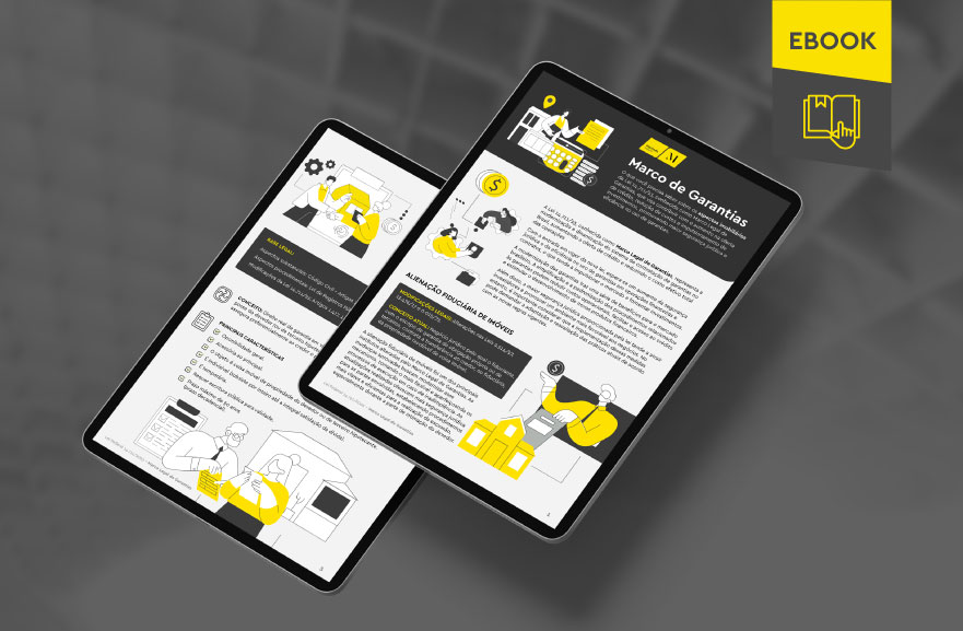 Mockup ilustrativo de dois tablets, um acima do outro, com imagens do conteúdo interno do e-book. No canto superior direito, faixa descritiva nas cores amarelo e cinza, com o nome "e-book" escrito