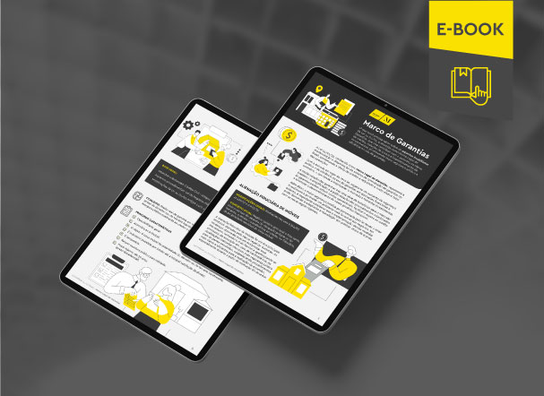 Mockup ilustrativo de dois tablets, um acima do outro, com imagens do conteúdo interno do e-book. No canto superior direito, faixa descritiva nas cores amarelo e cinza, com o nome "e-book" escrito