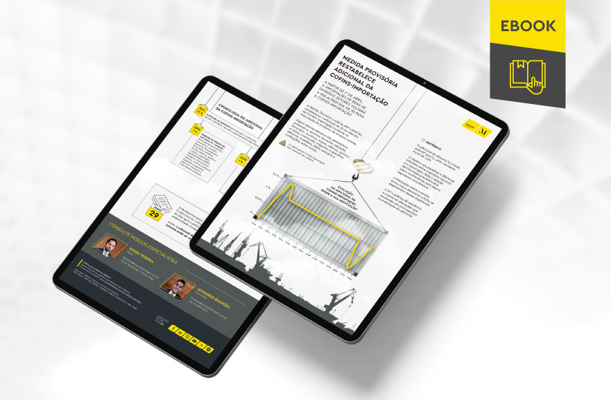 Mockup ilustrativo de dois tablets, um acima do outro, com imagens do conteúdo interno do e-book. No canto superior direito, faixa descritiva nas cores amarelo e cinza, com o nome "e-book" escrito