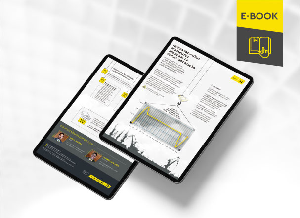 Mockup ilustrativo de dois tablets, um acima do outro, com imagens do conteúdo interno do e-book. No canto superior direito, faixa descritiva nas cores amarelo e cinza, com o nome "e-book" escrito