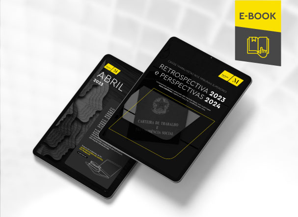 Mockup ilustrativo de dois tablets, um acima do outro, com imagens do conteúdo interno do e-book. No canto superior direito, faixa descritiva nas cores amarelo e cinza, com o nome "e-book" escrito