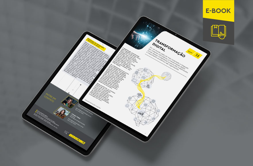 Mockup ilustrativo de dois tablets, um acima do outro, com imagens do conteúdo interno do e-book. No canto superior direito, faixa descritiva nas cores amarelo e cinza, com o nome "e-book" escrito