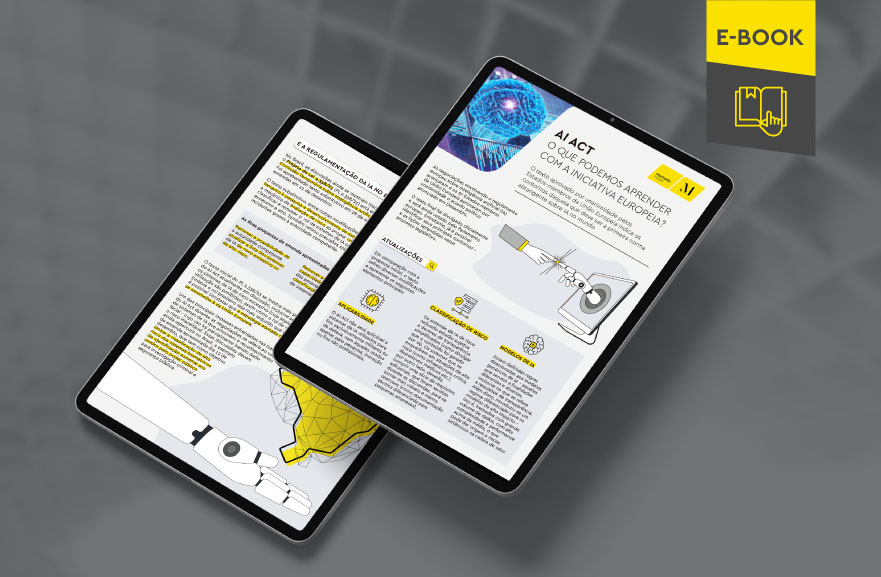 Mockup ilustrativo de dois tablets, um acima do outro, com imagens do conteúdo interno do e-book. No canto superior direito, faixa descritiva nas cores amarelo e cinza, com o nome "e-book" escrito