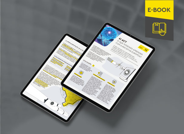 Mockup ilustrativo de dois tablets, um acima do outro, com imagens do conteúdo interno do e-book. No canto superior direito, faixa descritiva nas cores amarelo e cinza, com o nome "e-book" escrito