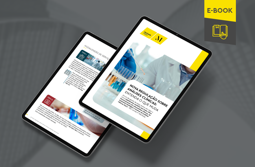 Mockup ilustrativo de dois tablets, um acima do outro, com imagens do conteúdo interno do e-book. No canto superior direito, faixa descritiva nas cores amarelo e cinza, com o nome "e-book" escrito