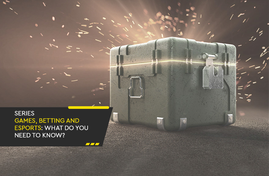 Illustrative image of a closed box with sparks coming out from inside. In the bottom left corner, a black banner with the phrase: 'Gaming, betting, and esports series: what you need to know?