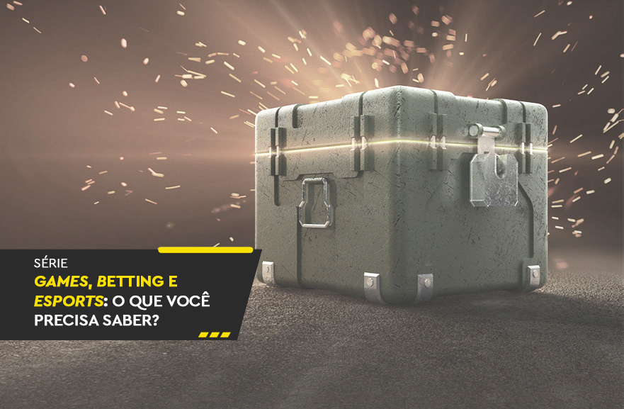 Imagem ilustrativa de caixa fechada, com faíscas saindo de dentro. No canto inferior esquerdo, faixa preta com a frase: série games, betting e esports: o que você precisa saber?