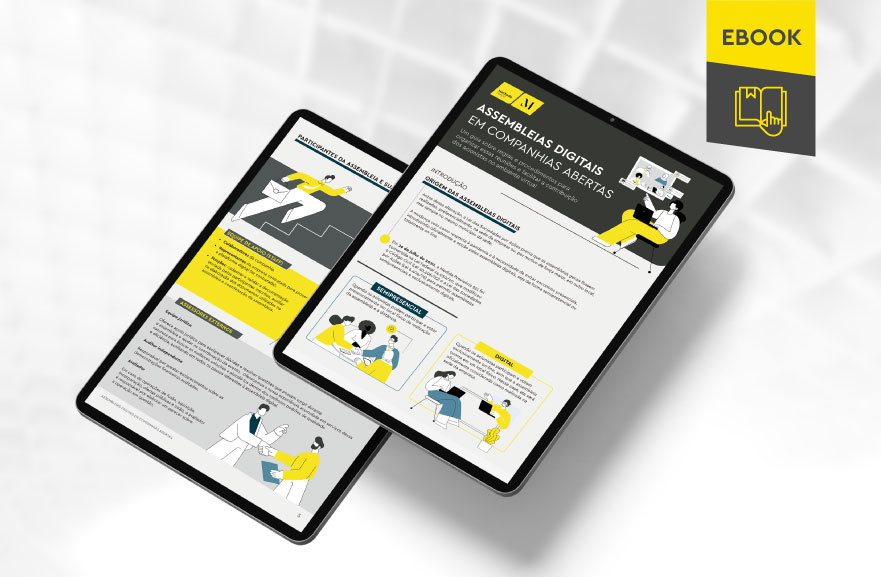 Mockup ilustrativo de dois tablets, um acima do outro, com imagens do conteúdo interno do e-book. No canto superior direito, faixa descritiva nas cores amarelo e cinza, com o nome "e-book" escrito