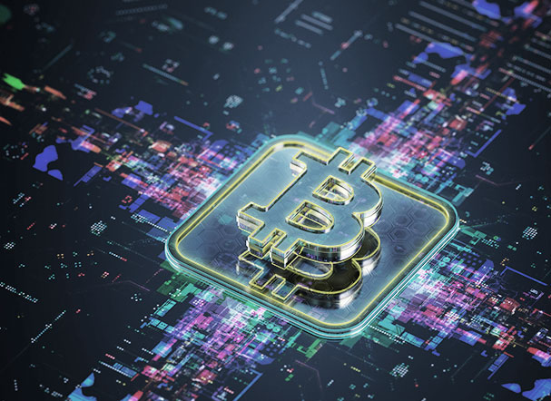 Ilustração gráfica de carteira digital com simbolos tecnológicos. Ao centro da imagem, símbolo do bitcoin destacado e em 3D