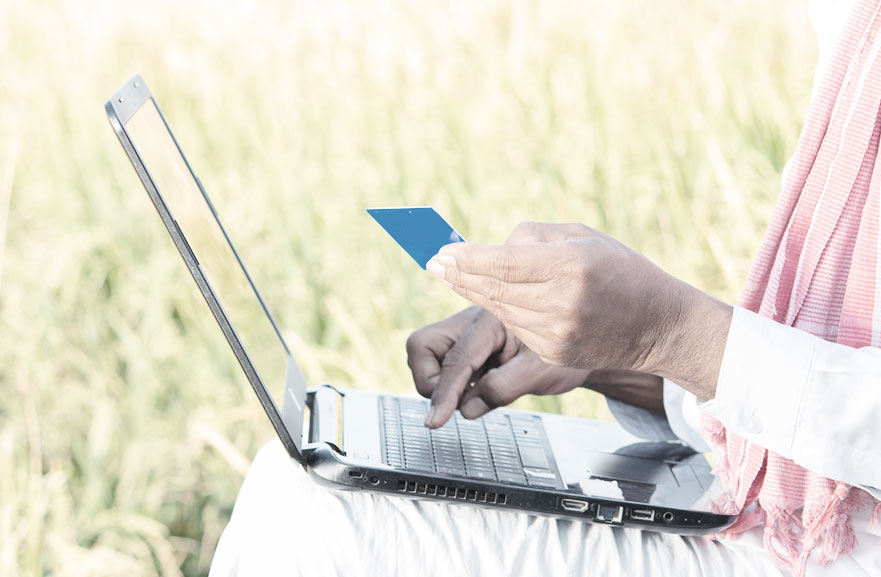 Agricultor sentado próximo de sua plantação, usando roupa branca, usando notebook para fazer pagamento online com cartão de crédito