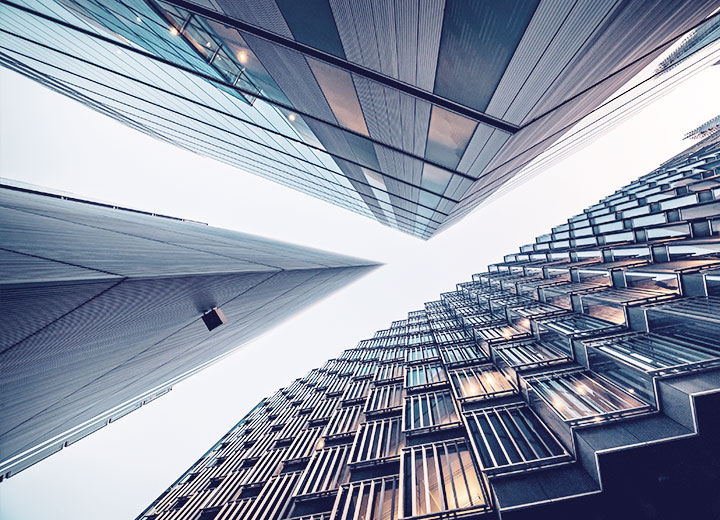 Lower view of the mirrored building