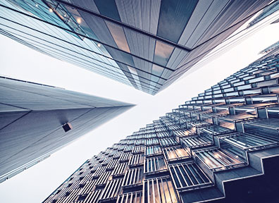 Lower view of the mirrored building