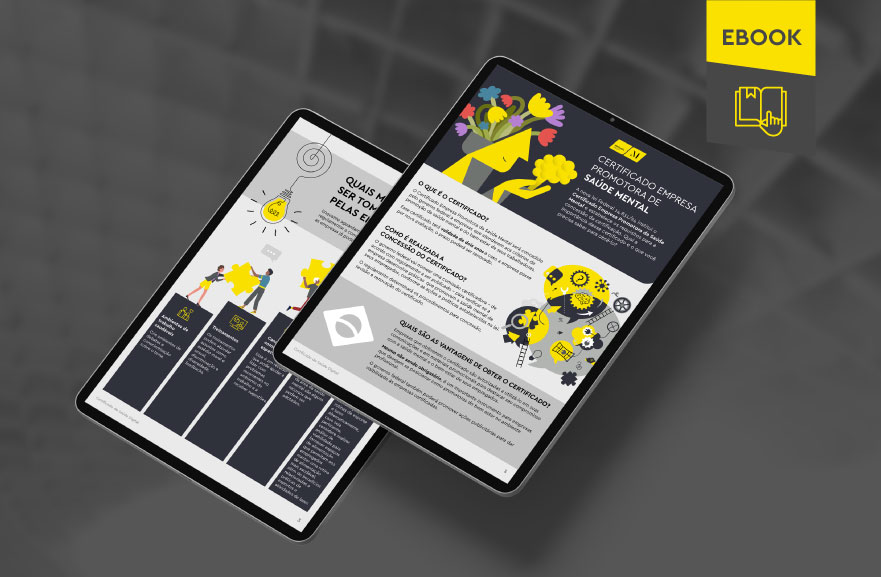 Mockup ilustrativo de dois tablets, um acima do outro, com imagens do conteúdo interno do e-book. No canto superior direito, faixa descritiva nas cores amarelo e cinza, com o nome "e-book" escrito
