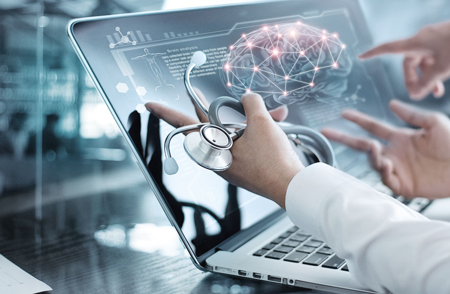 Doctor wearing a white coat and holding a stethoscope while evaluating information on a notebook
