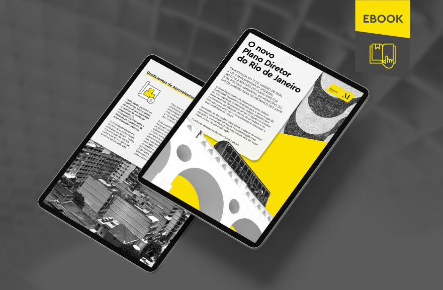 Mockup ilustrativo de dois tablets, um acima do outro, com imagens do conteúdo interno do e-book. No canto superior direito, faixa descritiva nas cores amarelo e cinza, com o nome "e-book" escrito