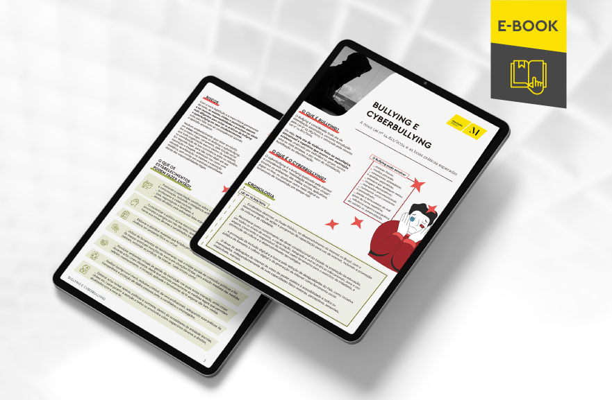 Mockup ilustrativo de dois tablets, um acima do outro, com imagens do conteúdo interno do e-book. No canto superior direito, faixa descritiva nas cores amarelo e cinza, com o nome "e-book" escrito