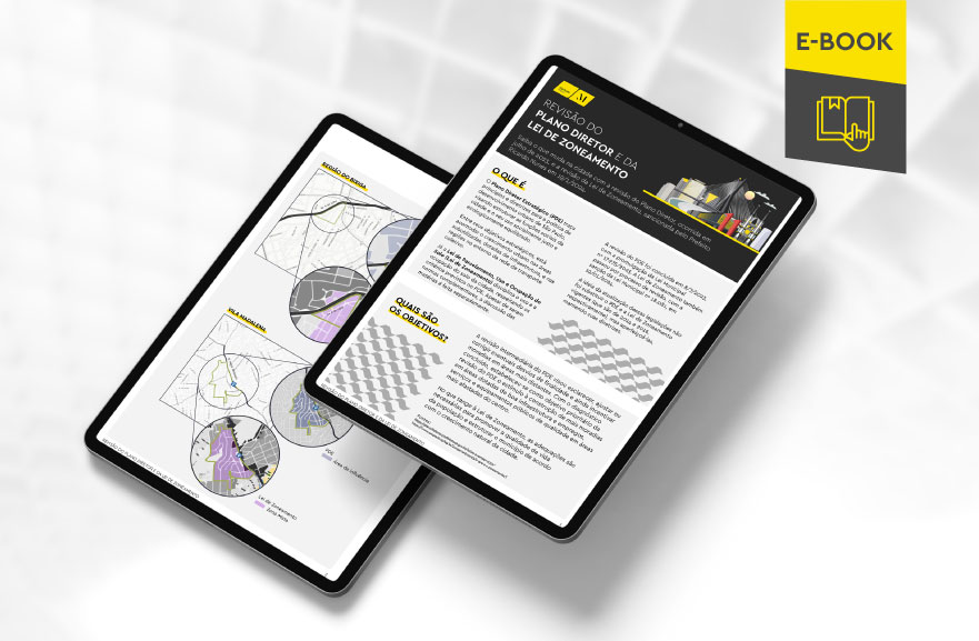 Mockup ilustrativo de dois tablets, um acima do outro, com imagens do conteúdo interno do e-book. No canto superior direito, faixa descritiva nas cores amarelo e cinza, com o nome "e-book" escrito