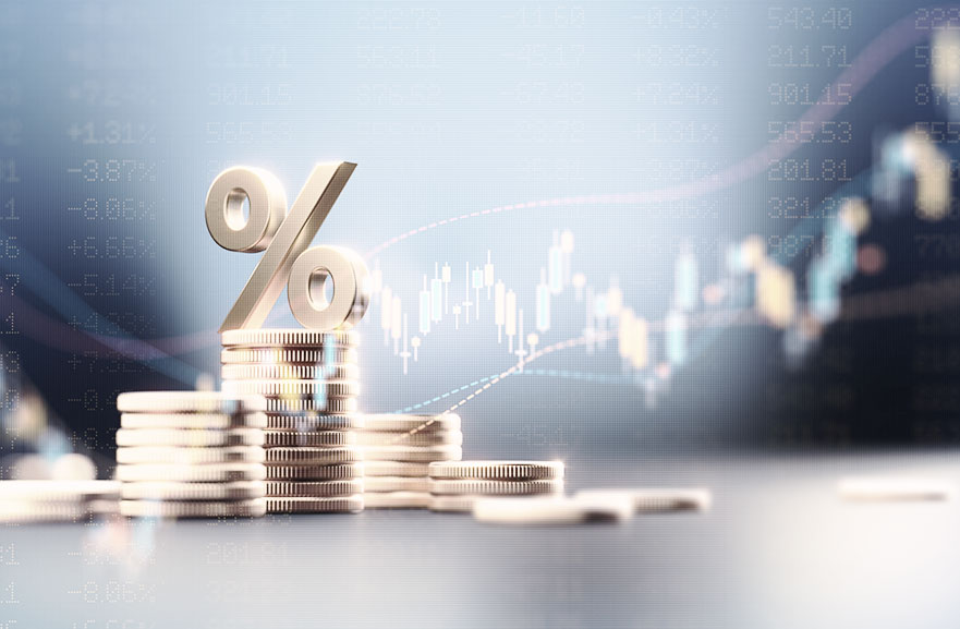 Representação gráfica de pilha de moedas com simbolo de porcentagem acima