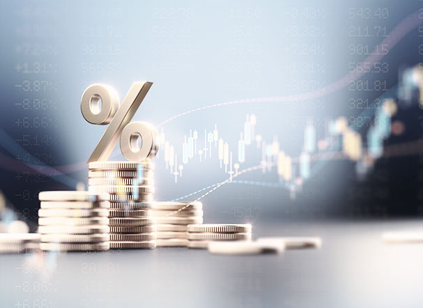 Representação gráfica de pilha de moedas com simbolo de porcentagem acima