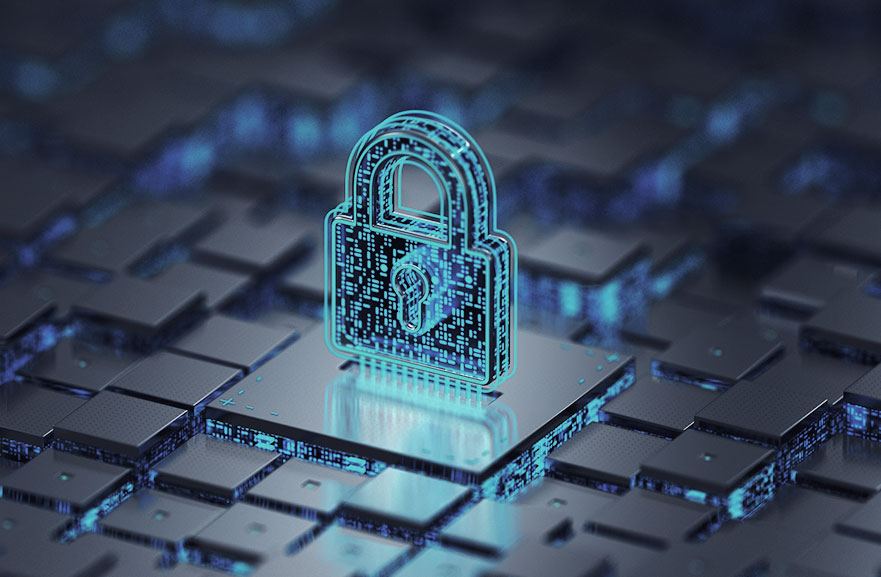 Ilustração gráfica de cadeado de criptografia em cima de teclado com teclas pretas e luzes azuis