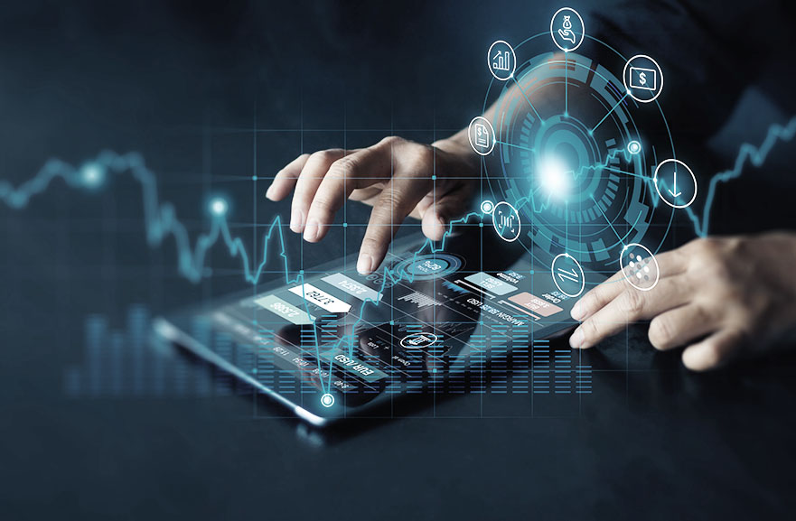 Ilustração com elementos tecnológicos e gráficos em holograma