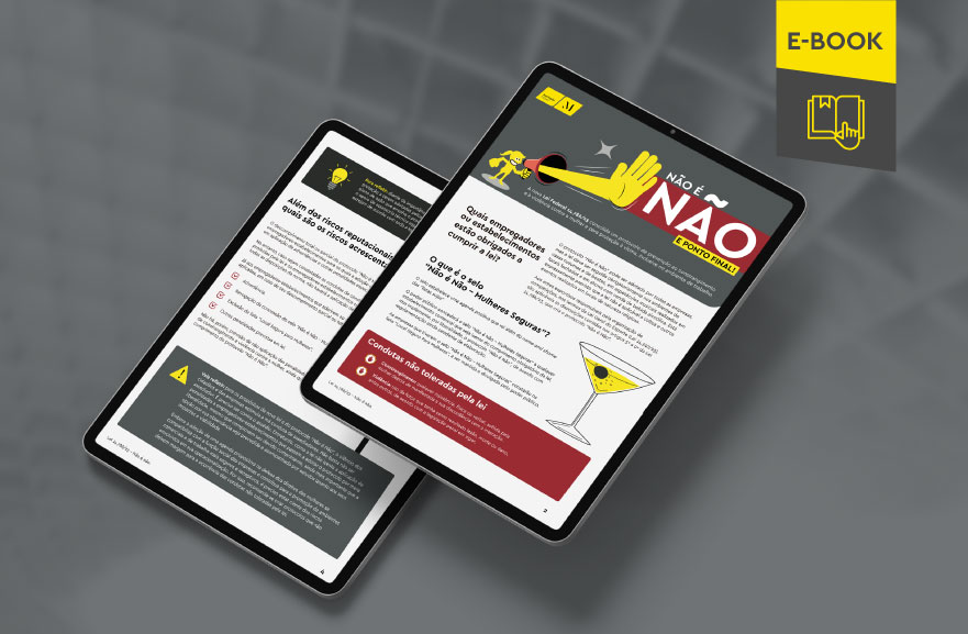 Mockup ilustrativo de dois tablets, um acima do outro, com imagens do conteúdo interno do e-book. No canto superior direito, faixa descritiva nas cores amarelo e cinza, com o nome "e-book" escrito