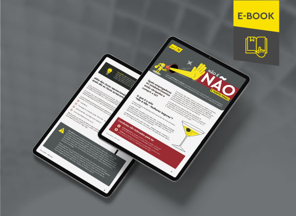 Mockup ilustrativo de dois tablets, um acima do outro, com imagens do conteúdo interno do e-book. No canto superior direito, faixa descritiva nas cores amarelo e cinza, com o nome "e-book" escrito