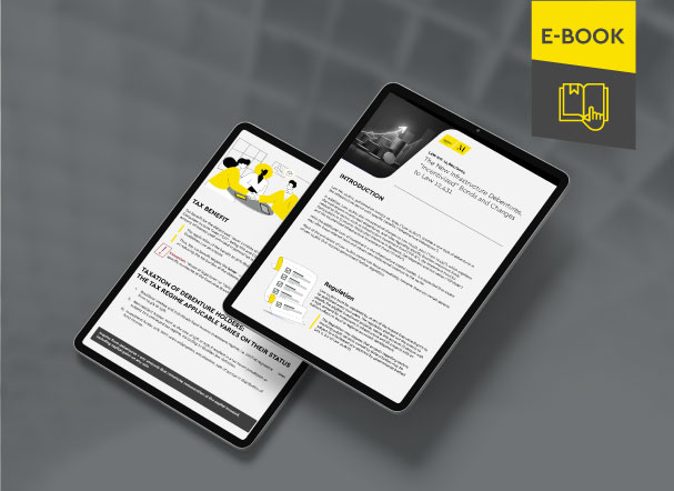 Mockup ilustrativo de dois tablets, um acima do outro, com imagens do conteúdo interno do e-book. No canto superior direito, faixa descritiva nas cores amarelo e cinza, com o nome "e-book" escrito