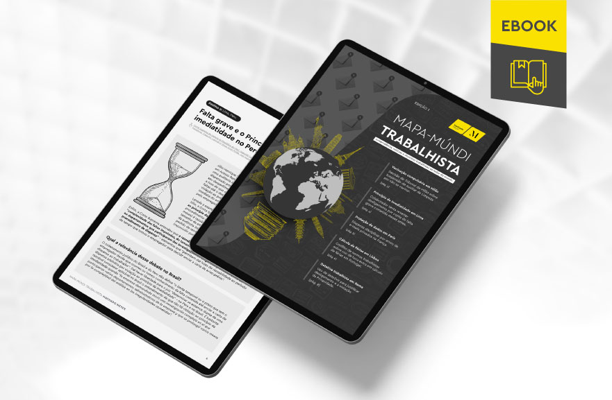 Mockup ilustrativo de dois tablets, um acima do outro, com imagens do conteúdo interno do e-book. No canto superior direito, faixa descritiva nas cores amarelo e cinza, com o nome "e-book" escrito