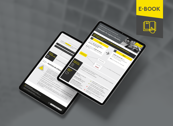 Mockup ilustrativo de dois tablets, um acima do outro, com imagens do conteúdo interno do e-book. No canto superior direito, faixa descritiva nas cores amarelo e cinza, com o nome "e-book" escrito
