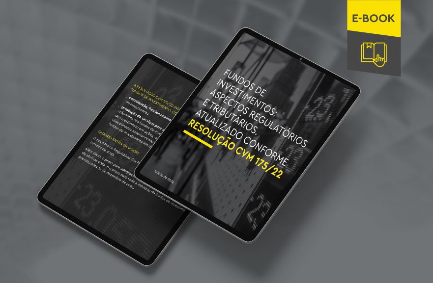 Mockup ilustrativo de dois tablets, um acima do outro, com imagens do conteúdo interno do e-book. No canto superior direito, faixa descritiva nas cores amarelo e cinza, com o nome "e-book" escrito