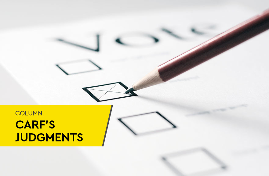 Illustrative image. Print of test with multiple choice question being marked by a pencil. In the lower left corner, yellow band with the words: "Carf Judgments column"
