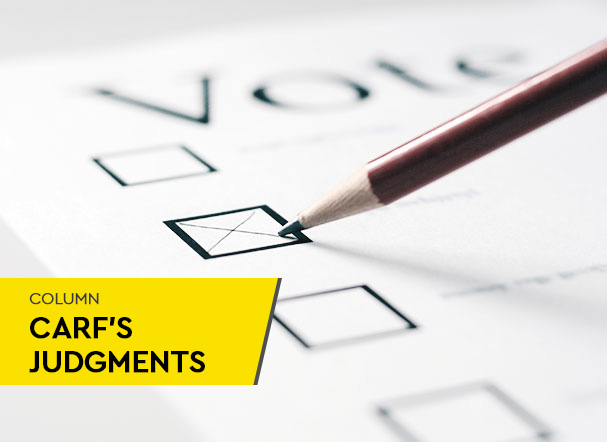 Illustrative image. Print of test with multiple choice question being marked by a pencil. In the lower left corner, yellow band with the words: "Carf Judgments column"