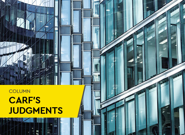 View of two mirrored buildings with blue glazing. In the lower left corner, yellow banner with the words: Carf Judgments Column