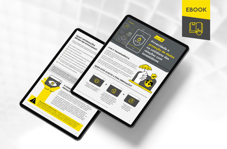 Mockup ilustrativo de dois tablets, um acima do outro, com imagens do conteúdo interno do e-book. No canto superior direito, faixa descritiva nas cores amarelo e cinza, com o nome "e-book" escrito