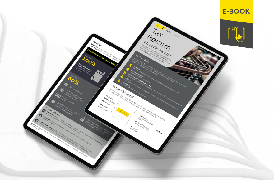 Illustrative mockup of two tablets, one above the other, with images of the internal content of the e-book. In the upper right corner, descriptive strip in yellow and gray, with the name "e-book" written on it