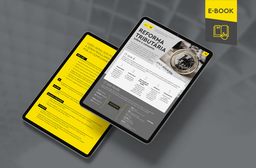 Maqueta ilustrativa de dos tabletas, una encima de la otra, con imágenes del contenido interno del e-book. En la esquina superior derecha, una banda descriptiva en colores amarillo y gris, con el nombre "e-book" escrito.