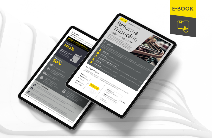 Mockup ilustrativo de dois tablets, um acima do outro, com imagens do conteúdo interno do e-book. No canto superior direito, faixa descritiva nas cores amarelo e cinza, com o nome "e-book" escrito