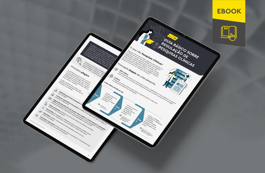 Mockup ilustrativo de dois tablets, um acima do outro, com imagens do conteúdo interno do e-book. No canto superior direito, faixa descritiva nas cores amarelo e cinza, com o nome "e-book" escrito