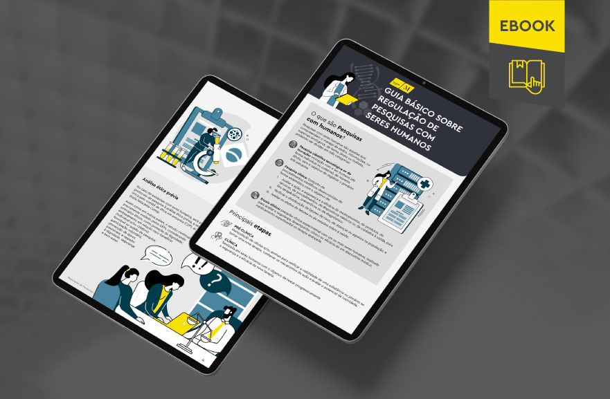 Mockup ilustrativo de dois tablets, um acima do outro, com imagens do conteúdo interno do e-book. No canto superior direito, faixa descritiva nas cores amarelo e cinza, com o nome "e-book" escrito