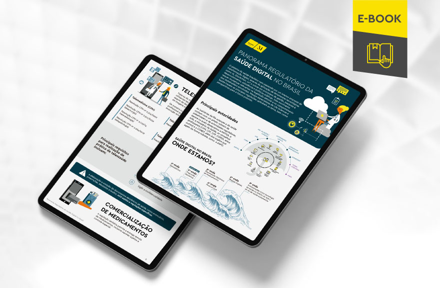 Mockup ilustrativo de dois tablets, um acima do outro, com imagens do conteúdo interno do e-book. No canto superior direito, faixa descritiva nas cores amarelo e cinza, com o nome "e-book" escrito