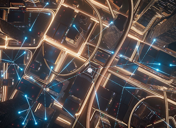 Illustrative image. Power connections between homes, with the color blue highlighted