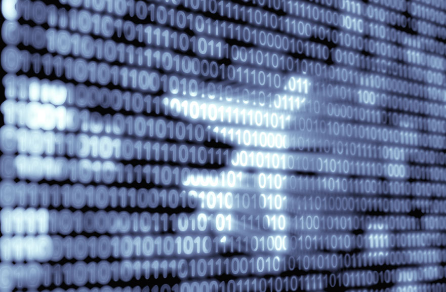 Technological number code, with several repetitions of the numbers 0 and 1. In between them, a strong light reflects the shape of an airplane taking off